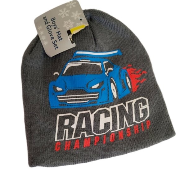 Boys Graphic Racing Car Grey Warm Fall Winter Beanie Toque Hat + Glove Set - Picture 2 of 5